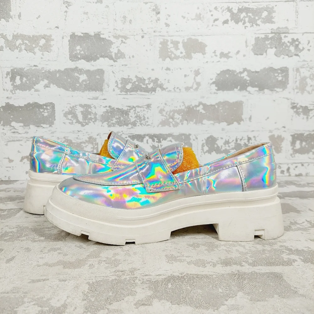 NEW Steve Madden Koryn Silver Iridescent Chunky Platform Loafers C924